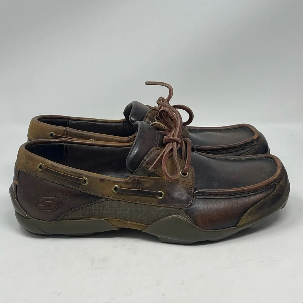 Skechers Boat Deck Shoes Mens 8 Brown Leather Casual 2 Eye Driving Moc Toe